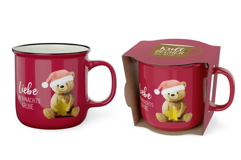 Teddybär Weihnachtstasse „Liebe Weihnachtsgrüße“ – Kultbecher rubinrot, 250 ml