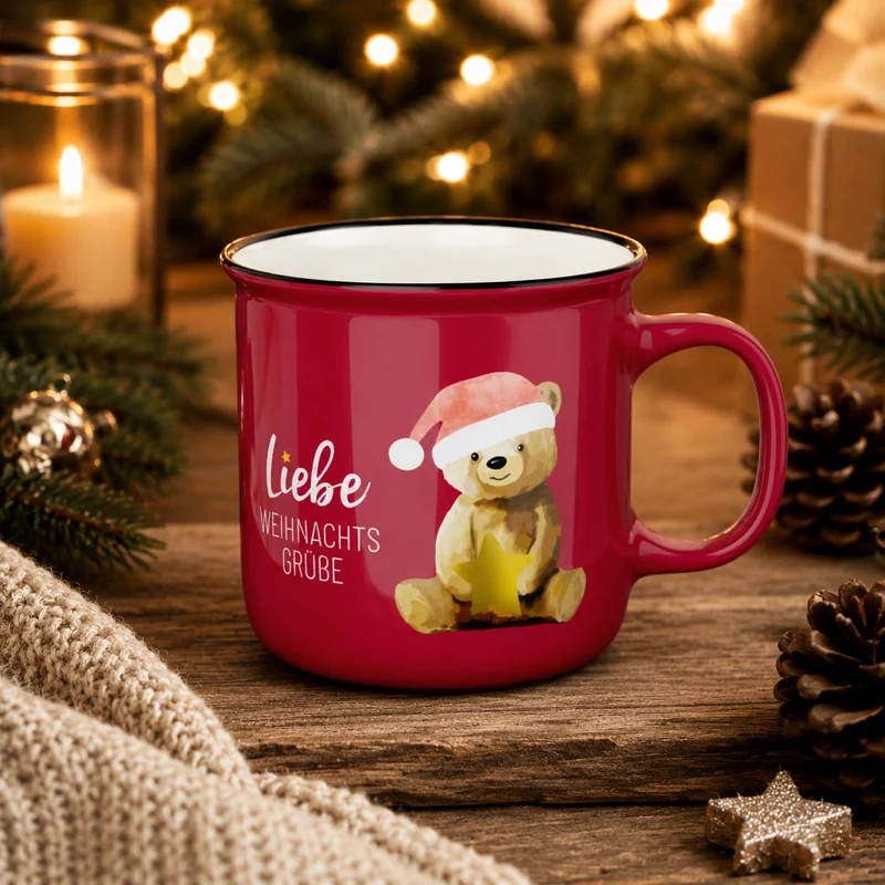 Teddybär Weihnachtstasse „Liebe Weihnachtsgrüße“ – Kultbecher rubinrot, 250 ml