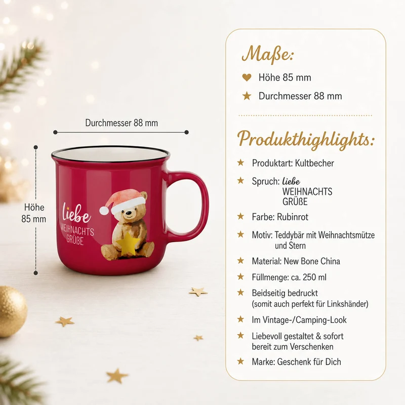 Teddybär Weihnachtstasse „Liebe Weihnachtsgrüße“ – Kultbecher rubinrot, 250 ml