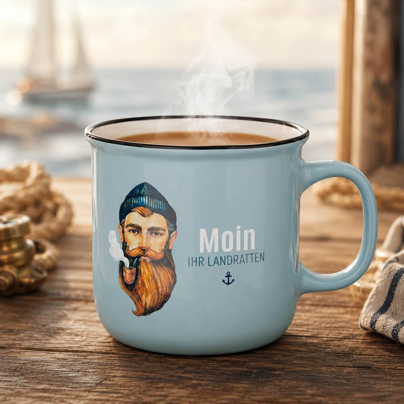 Moin Tasse – Kultbecher „Moin Ihr Landratten“ mit Seemann, 250 ml