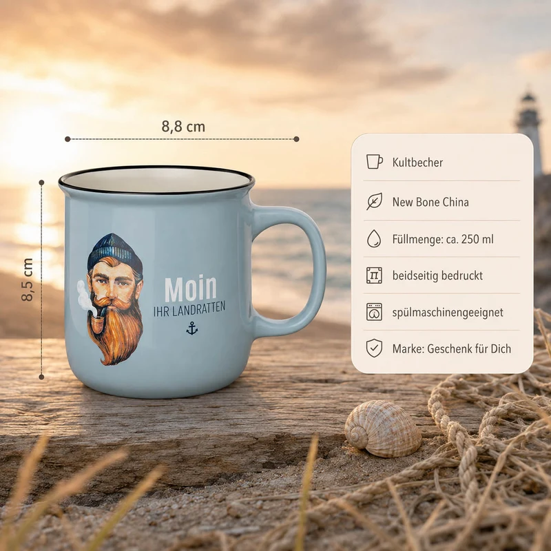 Moin Tasse – Kultbecher „Moin Ihr Landratten“ mit Seemann, 250 ml