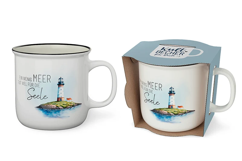 Leuchtturm Tasse – Kultbecher „Ein wenig Meer tut viel für die Seele“