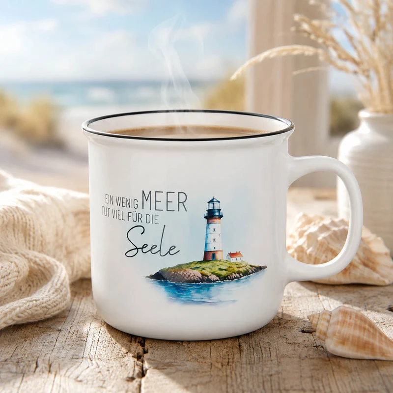 Leuchtturm Tasse – Kultbecher „Ein wenig Meer tut viel für die Seele“