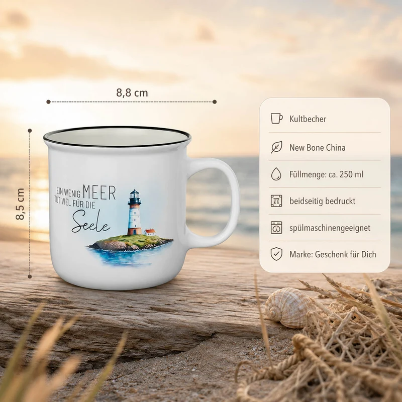 Leuchtturm Tasse – Kultbecher „Ein wenig Meer tut viel für die Seele“