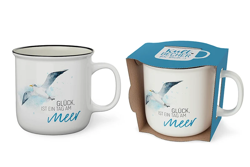 Maritimes Geschenk – Kultbecher „Glück, ist ein Tag am Meer“ mit Möwe