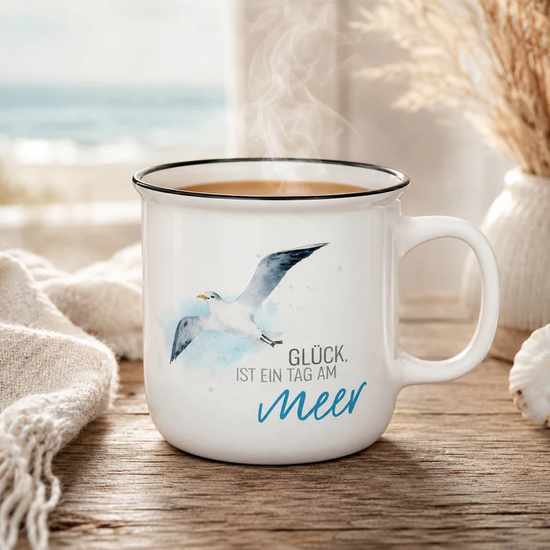 Maritimes Geschenk – Kultbecher „Glück, ist ein Tag am Meer“ mit Möwe