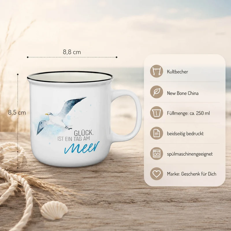Maritimes Geschenk – Kultbecher „Glück, ist ein Tag am Meer“ mit Möwe