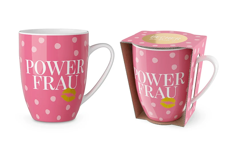 Tasse „Power Frau“ – pink mit Punkten, Becher 250 ml