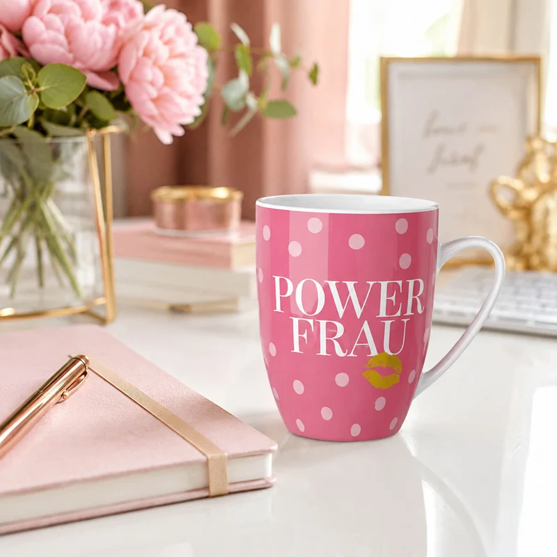 Tasse „Power Frau“ – pink mit Punkten, Becher 250 ml