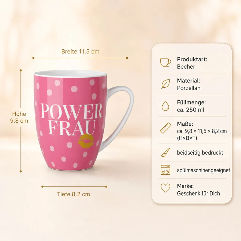 Tasse „Power Frau“ – pink mit Punkten, Becher 250 ml