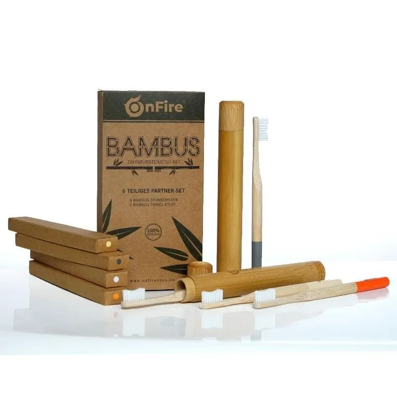 Bambus-Set, 4 Zahnbürsten + 2 Reiseetuis