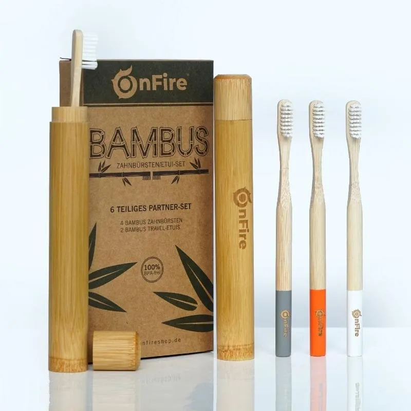 Bambus-Set, 4 Zahnbürsten + 2 Reiseetuis