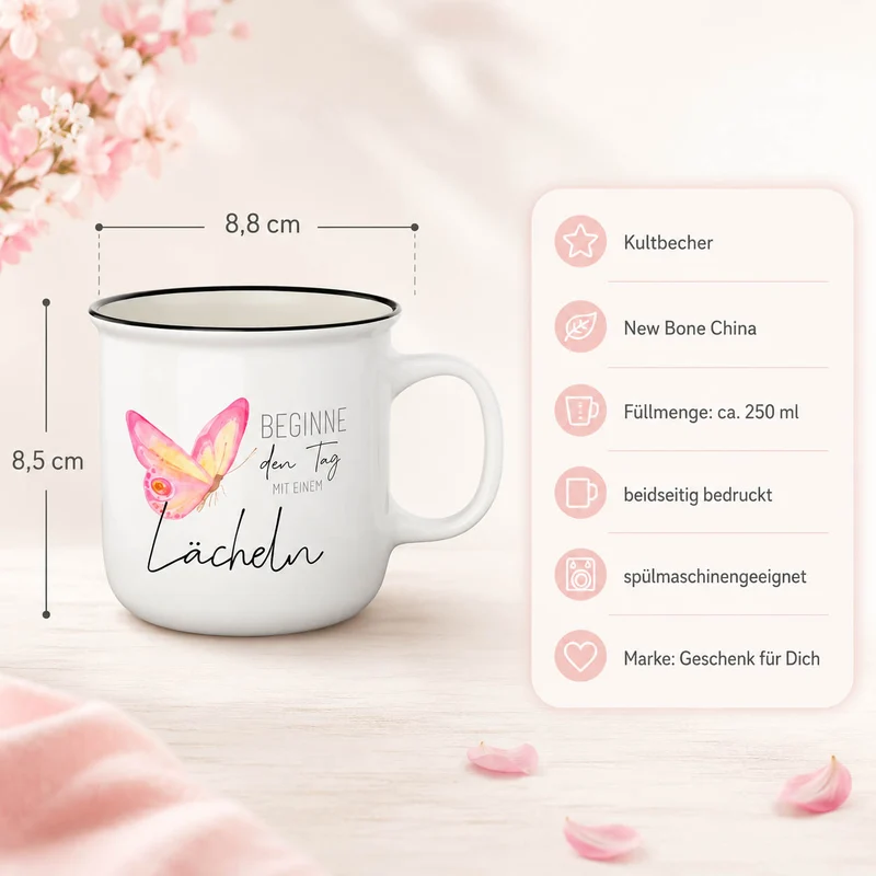 Schmetterling Geschenk – Kultbecher „Beginne den Tag mit einem Lächeln“