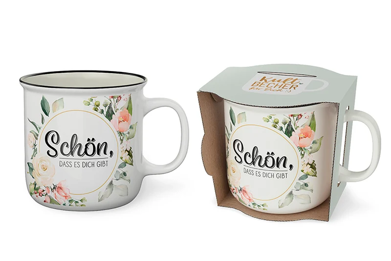 Kultbecher „Schön, dass es Dich gibt“ mit Blütenkranz, 250 ml