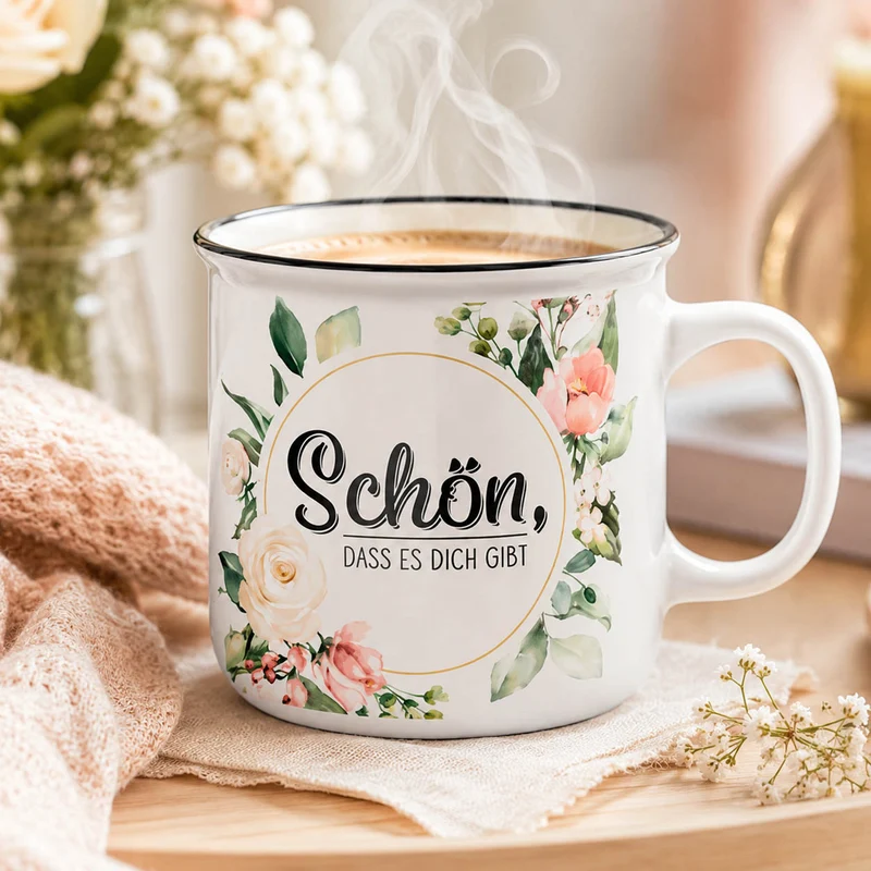 Kultbecher „Schön, dass es Dich gibt“ mit Blütenkranz, 250 ml