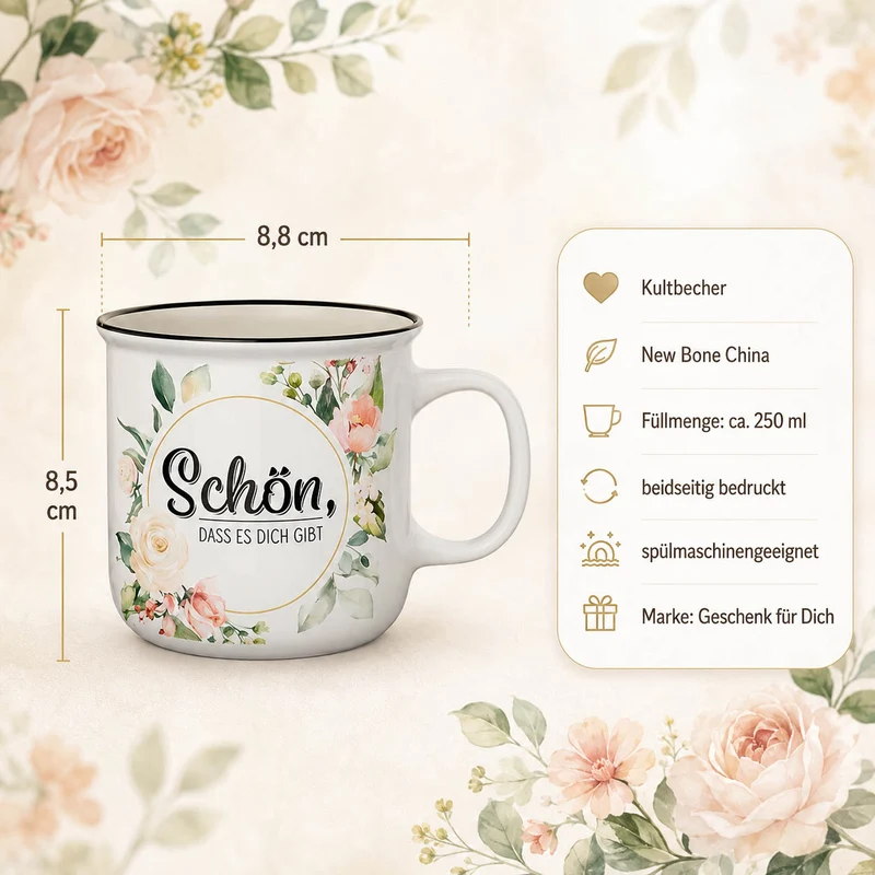 Kultbecher „Schön, dass es Dich gibt“ mit Blütenkranz, 250 ml