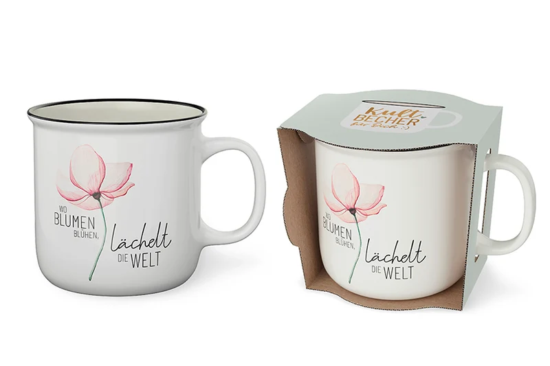 Tasse mit Blumen – Kultbecher „Wo Blumen blühen, lächelt die Welt“, 250 ml