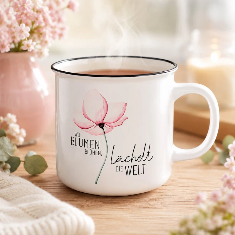 Tasse mit Blumen – Kultbecher „Wo Blumen blühen, lächelt die Welt“, 250 ml