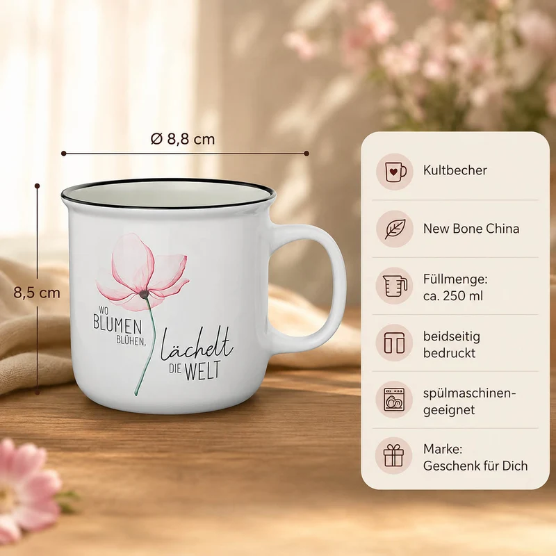 Tasse mit Blumen – Kultbecher „Wo Blumen blühen, lächelt die Welt“, 250 ml