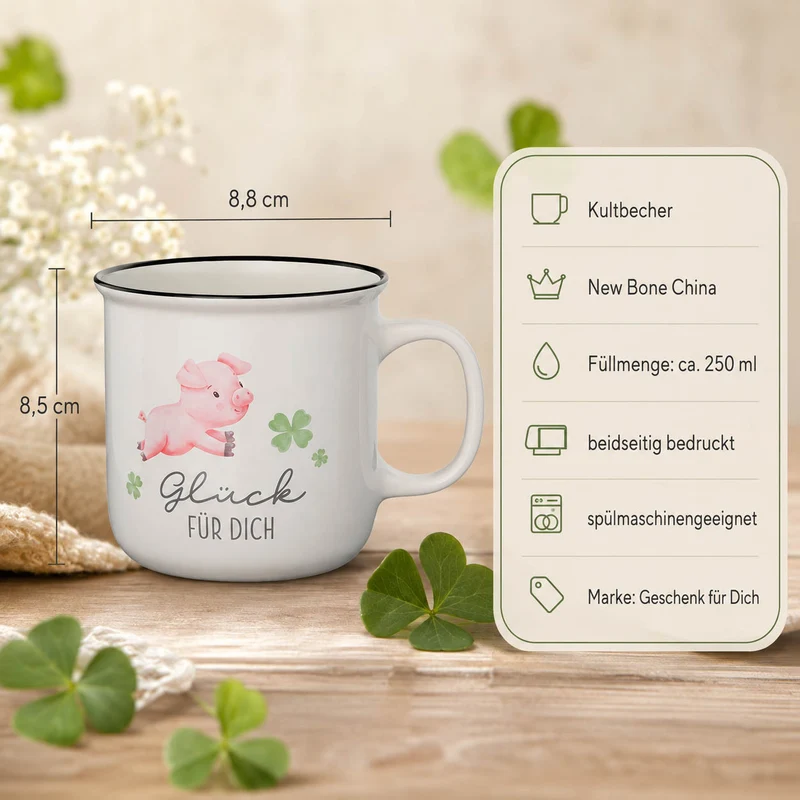 Glücksbringer Geschenk – Kultbecher „Glück für Dich“ mit Glücksschwein, 250 ml