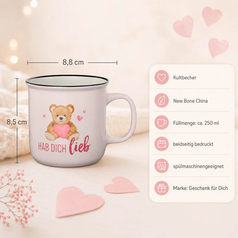 Hab Dich lieb Geschenk – Kultbecher mit Teddy und Herz, 250 ml