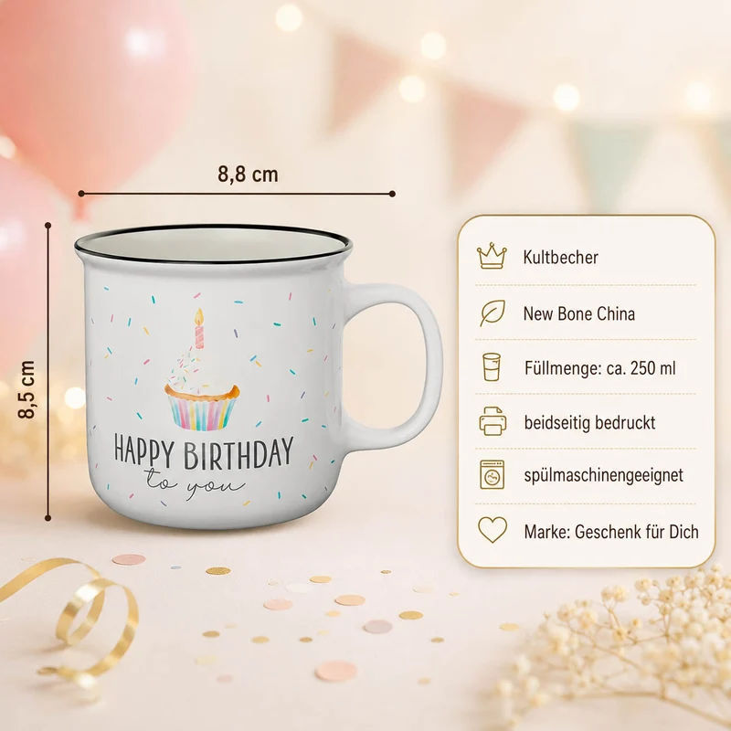 Geburtstag Tasse – Kultbecher „Happy Birthday to you“ mit Muffin, 250 ml