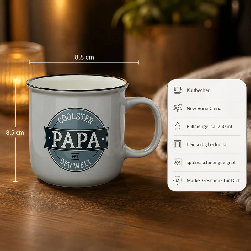 Papa Tasse „Coolster Papa der Welt“ – Kultbecher grau, 250 ml