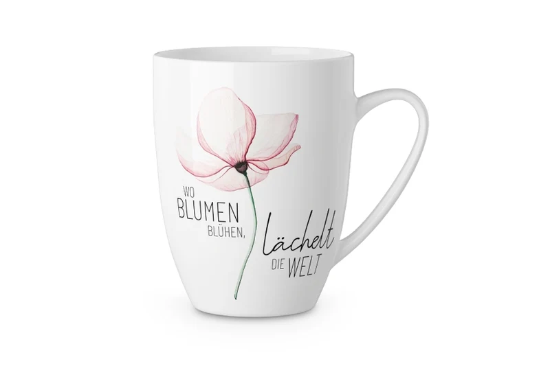 Blumen Tasse „Wo Blumen blühen, lächelt die Welt“ – Becher 250 ml
