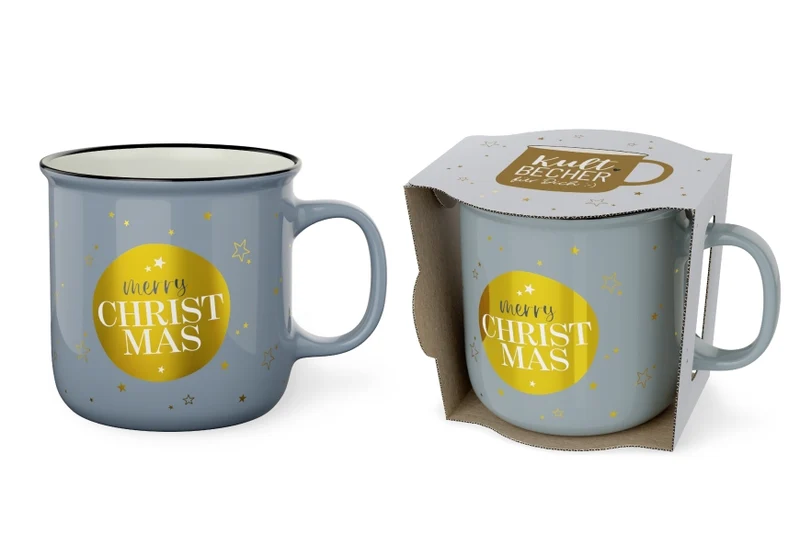 Weihnachtsgeschenk für Kollegen – Kultbecher „Merry Christmas“, blaugrau mit Gold, 250 ml