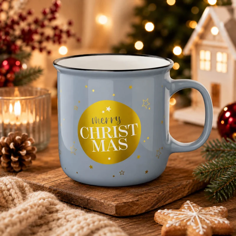 Weihnachtsgeschenk für Kollegen – Kultbecher „Merry Christmas“, blaugrau mit Gold, 250 ml