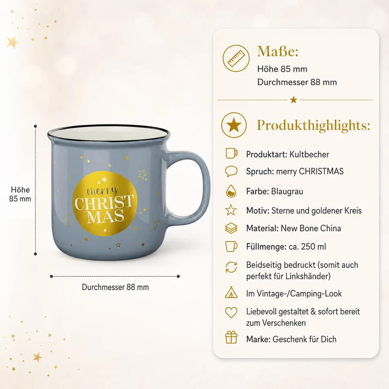 Weihnachtsgeschenk für Kollegen – Kultbecher „Merry Christmas“, blaugrau mit Gold, 250 ml