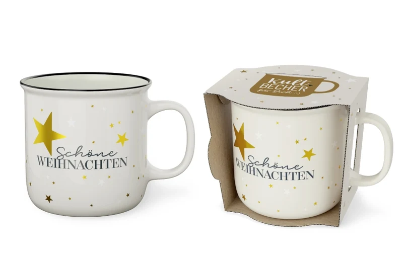 Weihnachtstasse „Schöne Weihnachten“ – Kultbecher mit goldenen Sternen, 250 ml