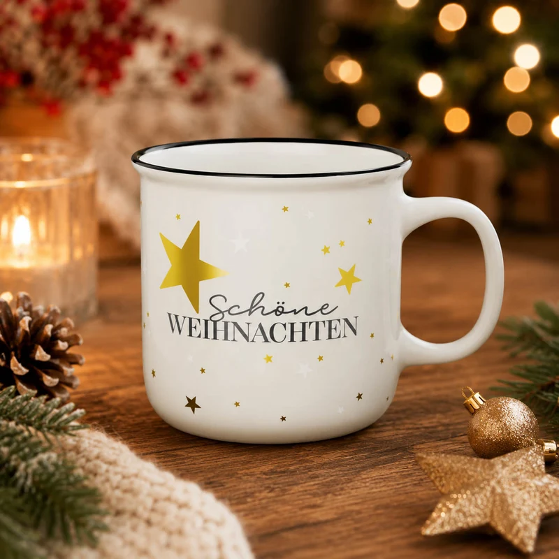 Weihnachtstasse „Schöne Weihnachten“ – Kultbecher mit goldenen Sternen, 250 ml