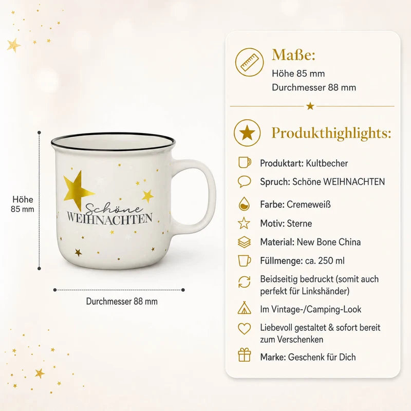Weihnachtstasse „Schöne Weihnachten“ – Kultbecher mit goldenen Sternen, 250 ml
