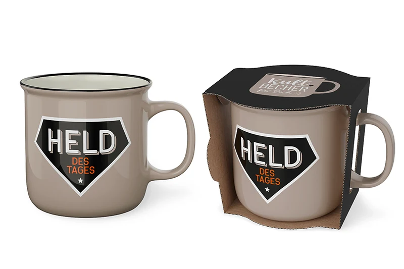 Dankeschön Geschenk – Kultbecher „Held des Tages“, beige, 250 ml