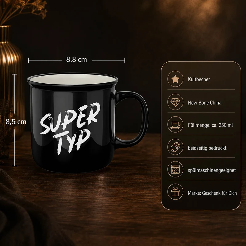 Geschenk für Kollegen – Kultbecher „Super Typ“, schwarz, 250 ml