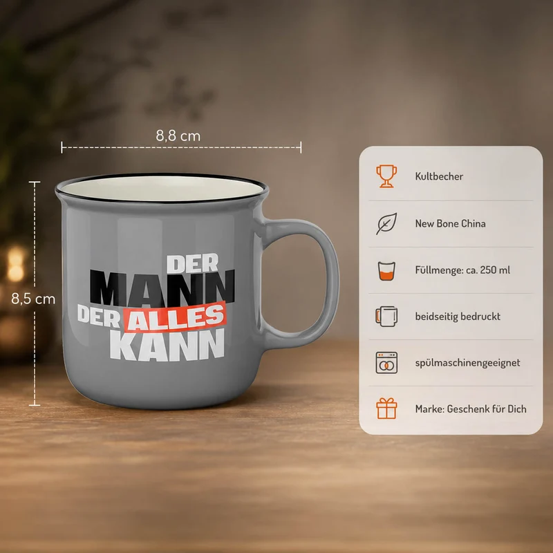 Männer Tasse „Der Mann der alles kann“ – Kultbecher grau, 250 ml
