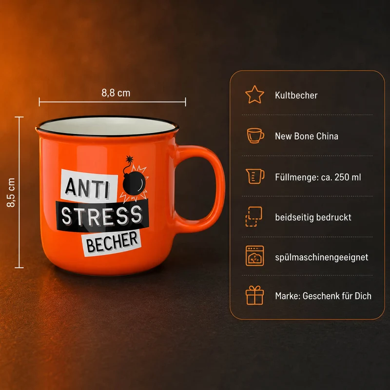 Anti Stress Tasse – Kultbecher „Anti Stress Becher“, orange, 250 ml