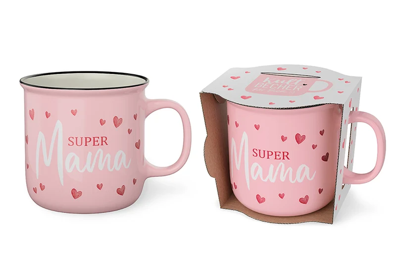 Mama Tasse „Super Mama“ – Kultbecher rosa mit Herzen, 250 ml