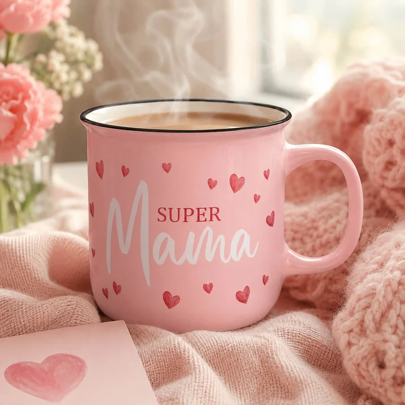 Mama Tasse „Super Mama“ – Kultbecher rosa mit Herzen, 250 ml