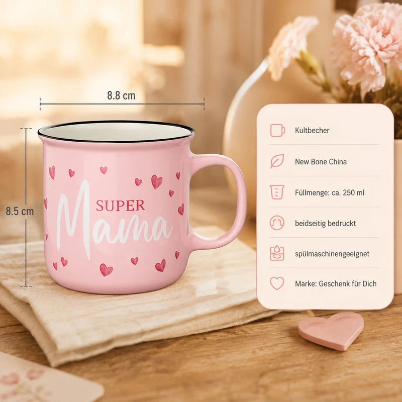Mama Tasse „Super Mama“ – Kultbecher rosa mit Herzen, 250 ml