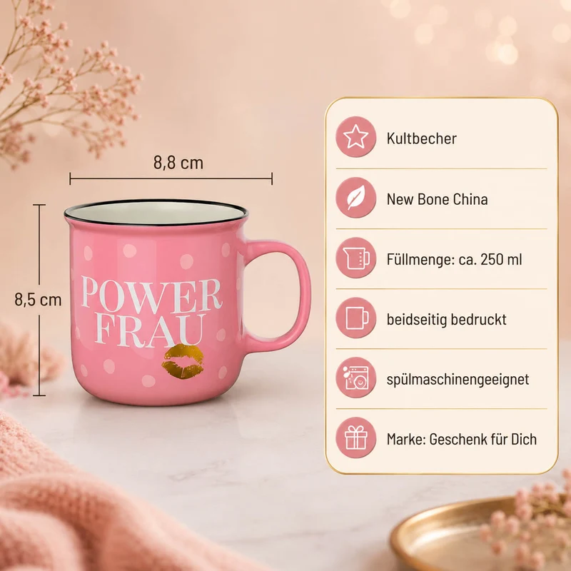 Powerfrau Geschenk – Kultbecher „Power Frau“ mit Kussmund, 250 ml
