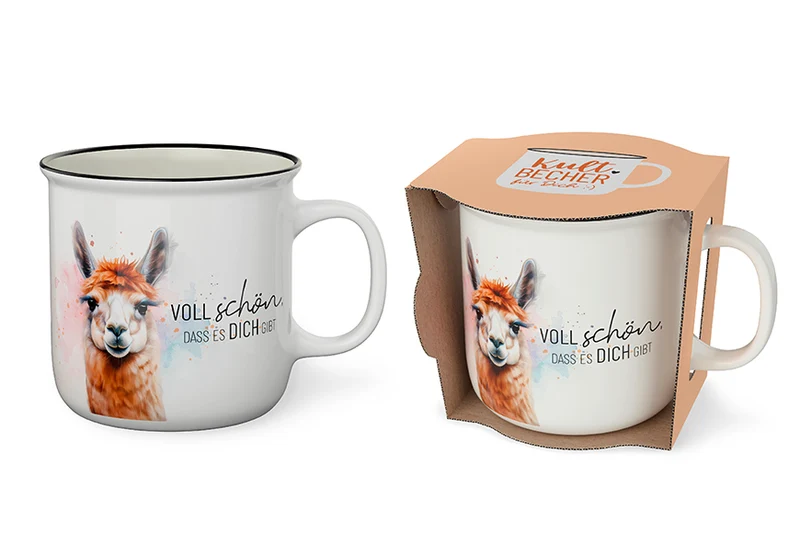 Alpaka Geschenk – Kultbecher mit Spruch „Voll schön, dass es Dich gibt“, 250 ml