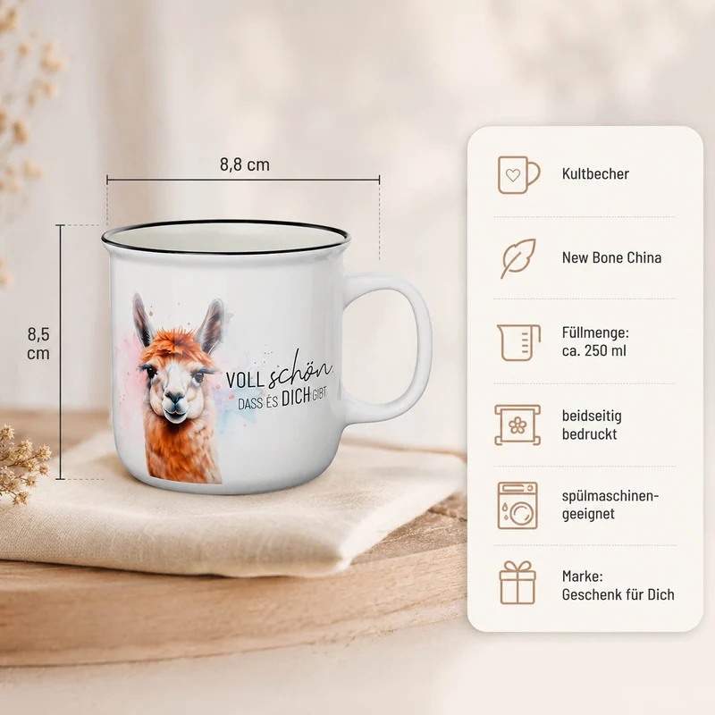 Alpaka Geschenk – Kultbecher mit Spruch „Voll schön, dass es Dich gibt“, 250 ml
