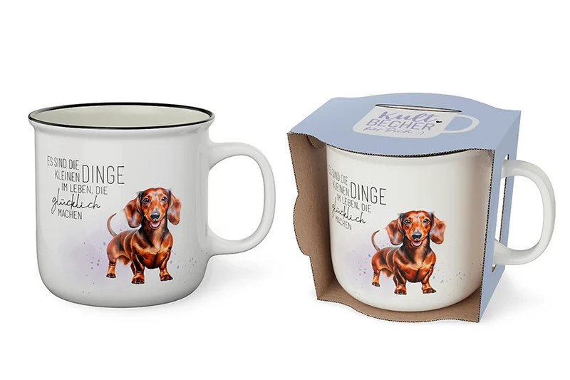 Dackel Geschenk – Kultbecher mit Spruch „Es sind die kleinen Dinge im Leben, die glücklich machen“, 250 ml