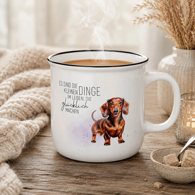 Dackel Geschenk – Kultbecher mit Spruch „Es sind die kleinen Dinge im Leben, die glücklich machen“, 250 ml