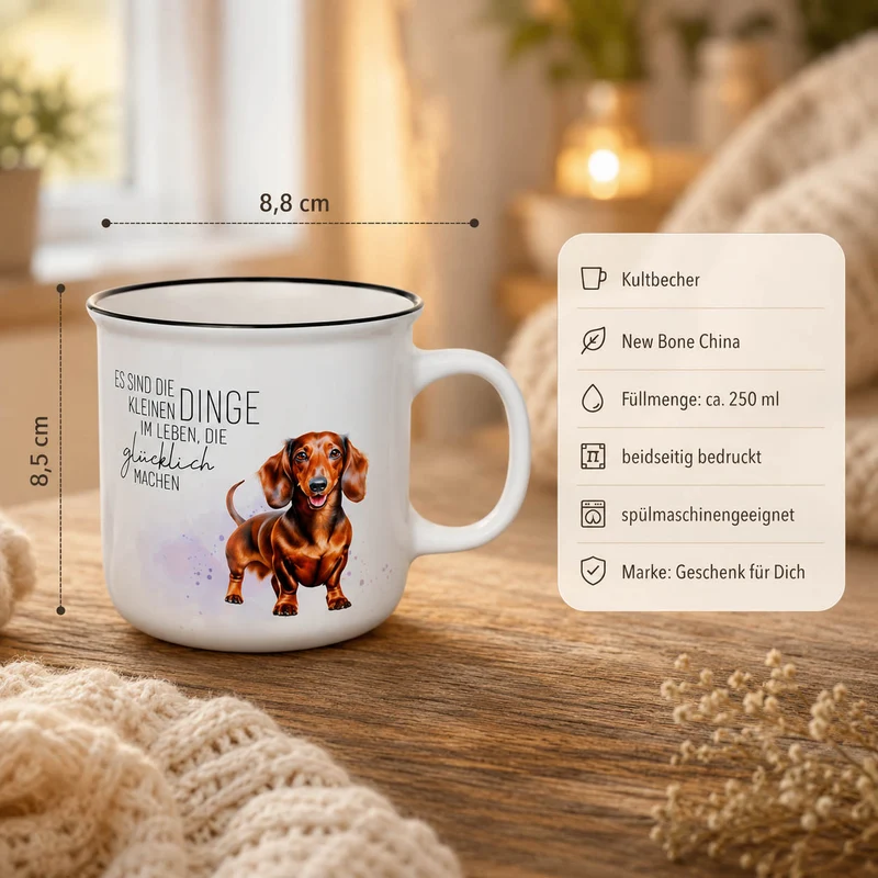 Dackel Geschenk – Kultbecher mit Spruch „Es sind die kleinen Dinge im Leben, die glücklich machen“, 250 ml