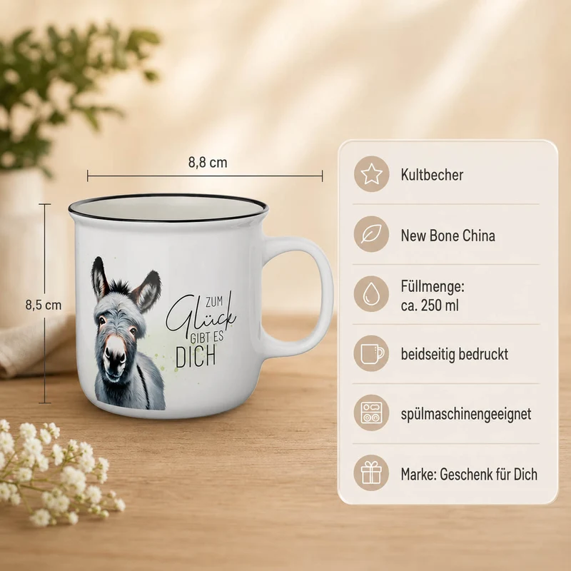 Esel Geschenk – Kultbecher mit Spruch „Zum Glück gibt es Dich“, 250 ml