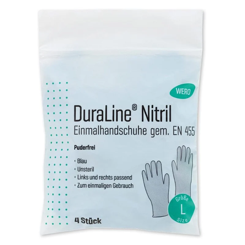 WERO DuraLine® Einmalhandschuhe Nitril, puderfrei, Gr. L (8 – 9), 4 Stk