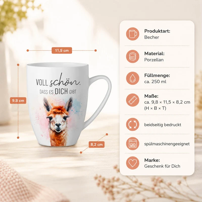 Tasse „Voll schön, dass es Dich gibt“ – Alpaka Becher 250 ml